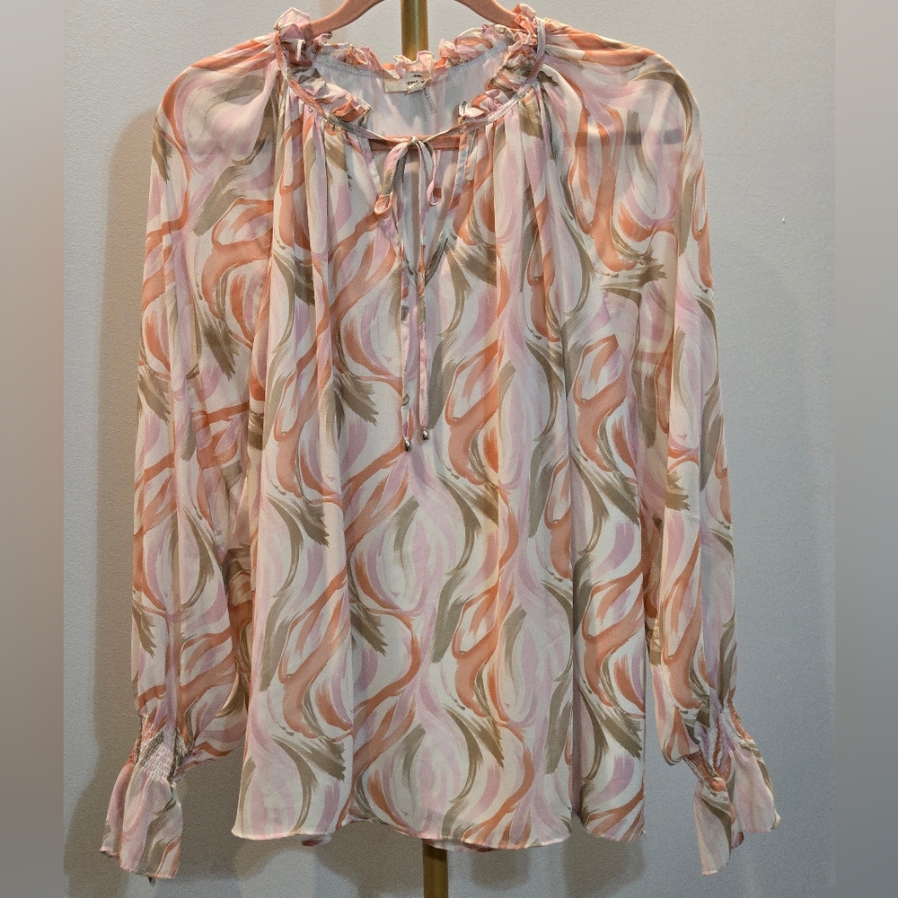Anthropologie Entro Relaxed Tie Front, Smocked Sleeves With Ruffle Blouse